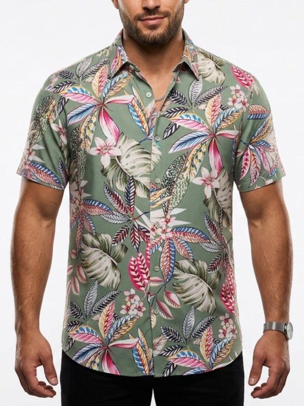 SheLucki Palm Resort Hawaiian Shirt XL Tropical Floral Sage Green Button Up